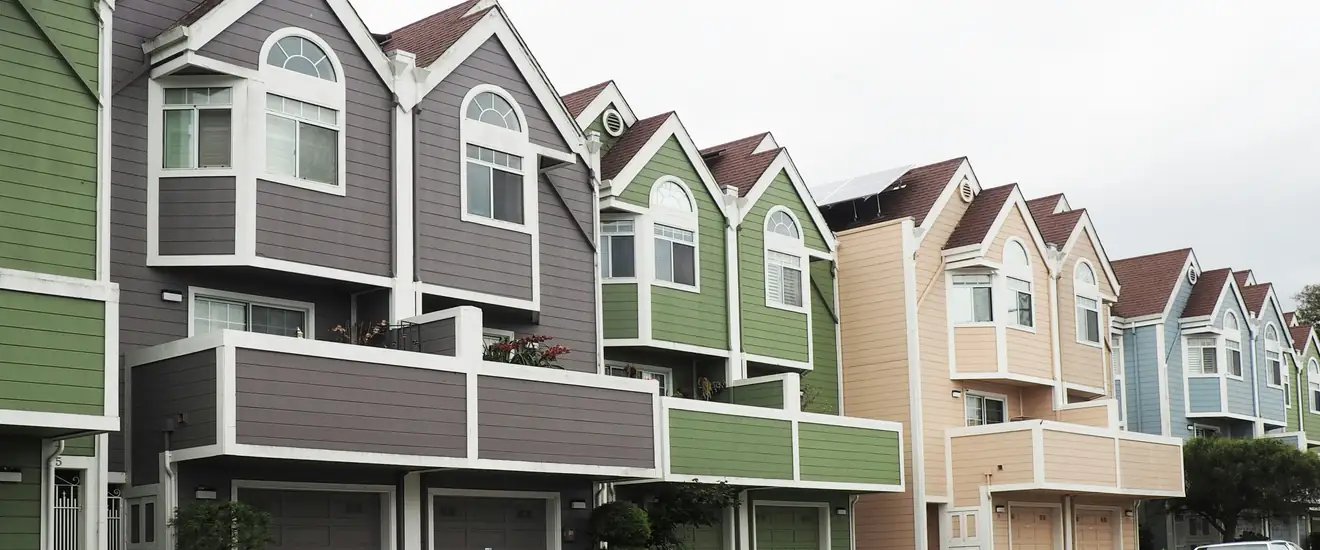 A row of townhouses along a residential street